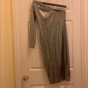 Metallic Silver One Shoulder Midi